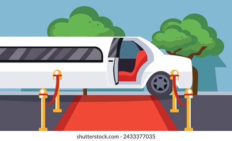 Empty red event carpet with rope barrier. Luxury ride limousine with opened door on cityscape background. Celebrity arrival, vip party and famous guest welcome template. Flat vector illustration