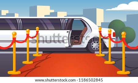 Empty red event carpet with rope barrier. Luxury ride limousine with opened door on cityscape background. Celebrity arrival, vip party and famous guest welcome template. Flat vector illustration
