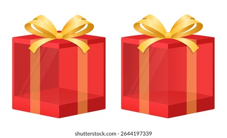 Empty red gift box with yellow bow. Festive packaging with clear glass and ribbon.