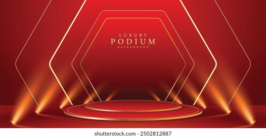 Empty red and gold podium with golden lines with curve light, sparkle glowing effect and bokeh elements. Red luxury background style vector design