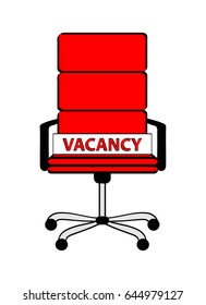 Empty red office chair and sign word vacancy. Business hiring and recruiting concept. Stock vector illustration. eps10