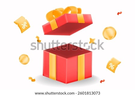 Empty red open gift box yellow ribbon, with discount voucher, coins and gifts. promotions, sales, special offers and e-commerce transactions. 3d vector 