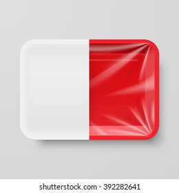 Empty Red Plastic Food Container with White label on Gray Background