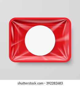 Empty Red Plastic Food Container with Round Label