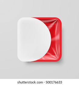 Empty Red Plastic Food Square Container with White Label on Gray