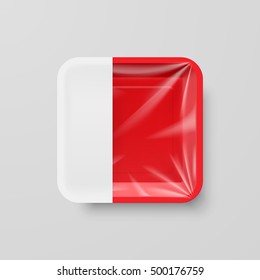Empty Red Plastic Food Square Container with Empty Label on Gray