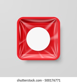 Empty Red Plastic Food Square Container with Round Label