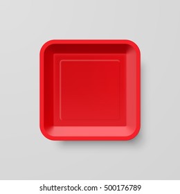 Empty Red Plastic Food Square Container on Gray Background