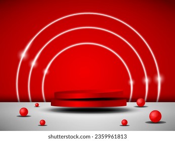 Un podio rojo vacío flota en el aire con un anillo de neón en el fondo.