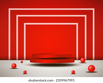 
An empty red podium floats in the air with neon in the background.