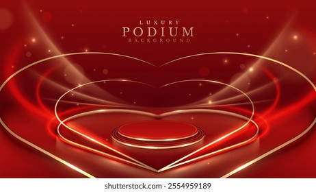 Empty red podium with gold heart-shaped frame decorated with glow and bokeh effect, elegant red background suitable for Valentine's Day product promotion template.