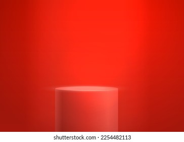 Empty red podium or pedestal display on red background. Cylinder stand concept. Blank product shelf standing mock up realistic vector