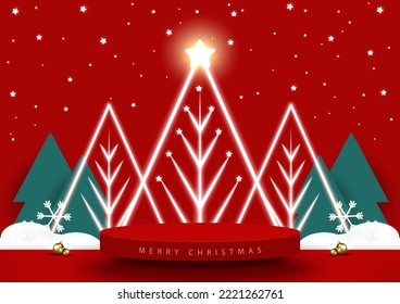 Empty Red podium for product display decorated with neon light design Christmas trees on Red background. Abstract Christmas background. Vector illustration.