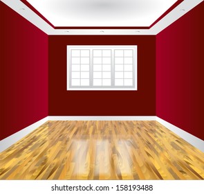 Empty red room with window and wood floor