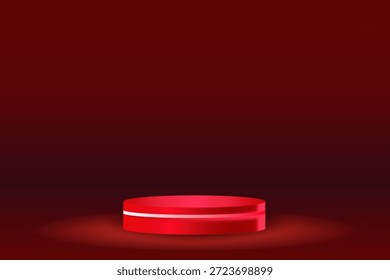 Pódio redondo vermelho vazio com luz de néon no fundo de luzes de palco vermelho. Projeto de ilustração vetorial para exibição de produto, apresentação, venda banner festival Natal, dia dos namorados, cena do estúdio