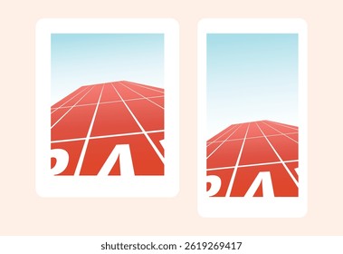 Empty red running track with perspective lines and gradient sky background, perfect social media template