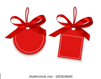 Empty red SALE tag for your design. Vector holiday discount tag with red bow isolated on white