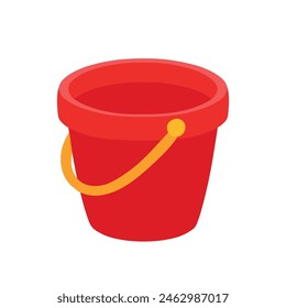 Empty Red Sand bucket with yellow handle. Kid toys for building sand castle in beach vacation. Summer doodle icon vector illustration isolated