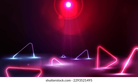 Leere rote Szene mit neonblau-rosa Dreiecken im Nebel