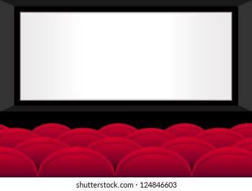 Empty Red Seats In A Movie Theater With A White Screen, Vector