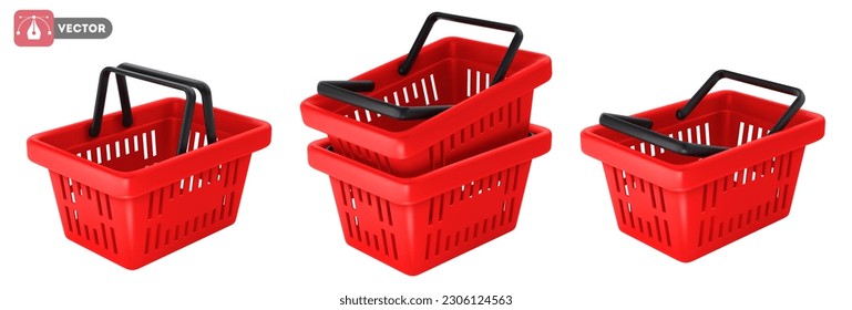 Empty red shopping basket set. Realistic 3d shopping cart with handles, isolated on white background. Vector illustration