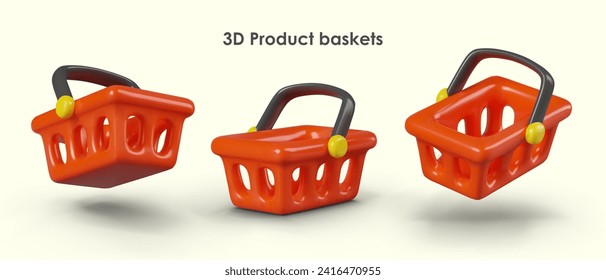 Empty red shopping cart. Realistic model in different positions. Supermarket basket. Illustration for website, online store application. Shopping time