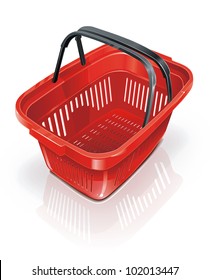 Empty red shopping plastic basket for food. Isolated Vector illustration on white background.