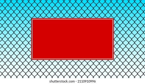 Empty red sign banner on the metal grid fence background. Chain link fence, wire mesh, steel metal prison or restricted area barrier. Flat vector illustration on the blue sky background.