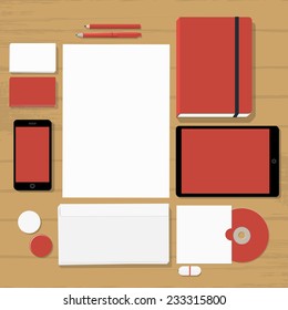 Juego de fondo rojo vacío (tarjetas de visita, membrete, sobre, bloc de notas, teléfono, tablet, placa, cd, unidad flash)