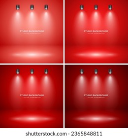 Empty red studio abstract backgrounds with spotlight effect. Product showcase backdrop. Stage lighting. Vector illustration