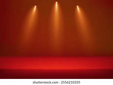 Empty Red studio background. Empty room with light gold effect. Space for selling products on the website. Vector illustration.