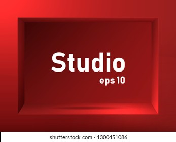 Empty red studio background with square groove. Free space for product presentation. Vector illustration.