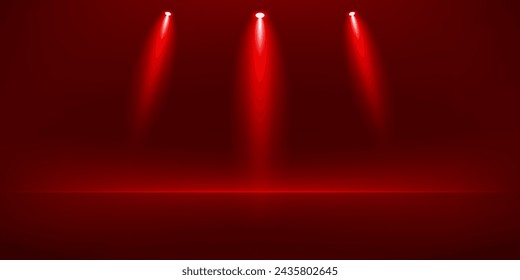 Empty Red studio room background. Empty room with spotlight effect. Use for product display presentation, cosmetic display mockup, showcase, media banner, etc. Studio room concept. Vector illustration