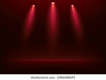 Empty red studio room background. Dark red background. Space for selling products on the website. Empty room with spotlight effect. Vector illustration.