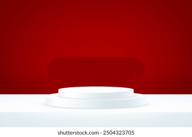 Empty red studio room background. Red background vector 3d with white podium. Space for selling products on the website. Vector illustration.