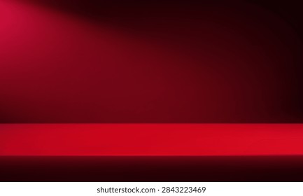 Empty red studio room background Space for selling products, backdrop, wallpaper, background, text. Empty Room Studio with table. Vector illustration.