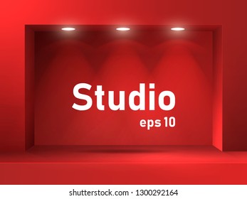 Empty red studio space with square lighted arch and groove. Free space for product presentation. Vector illustration.