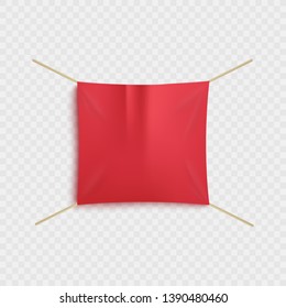 Empty red textile advertising or sale banner hanging canvas ribbon square template. Blank fabric promotion or event anouncement photorealistic vector illustration isolated on transparent background.