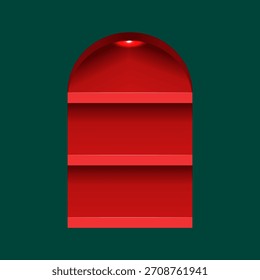 Leeres rotes dreistufiges Regal mit Licht, Vektorgrafik-Design für Weihnachtshintergrund, minimales Wandszenenpodium für Produktpräsentation, Mockup, Weihnachtskarte