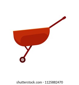 Empty red wheelbarrow cart - symbol of farm gardening equipment for carriage of cargoes in flat style isolated on white background. Vector illustration of handle agricultural tool.