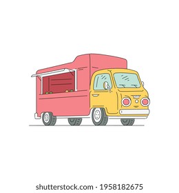 Empty red and yellow food truck isolated on white background - simple drawing of street food selling van with open window and nobody inside. Flat vector illustration.