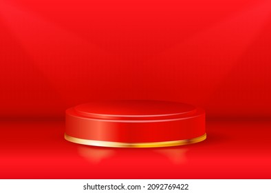 Estadio redondo dorado rojo vacío sobre fondo rojo - ilustración vectorial