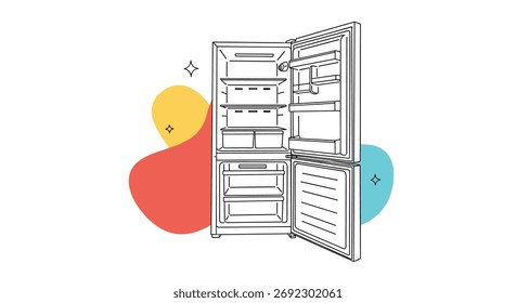 An empty refrigerator with its door open and colorful abstract shapes in the background.