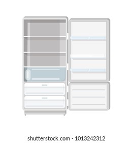 Empty refrigerator with opened door, shelves and trays isolated on white background. Fridge with freezer. Household or kitchen appliance for food cooling and storage. Flat vector illustration.