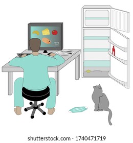 An empty refrigerator and a person ordering food online. Relevant during pandemic.