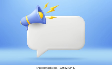 Empty reminder chat bubble. Push notice alert with megaphone offer icon. Phone 3d message template. Speech bubble with loudspeaker. Offer speaker chat box banner. Megaphone alert. Vector illustration