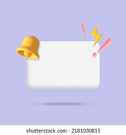 Empty reminder rectangle speech bubble notification with yellow bell and thunder lightning icon design. Push notification, popup notice, email web symbol, mobile phone app reminder with space symbol.