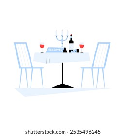 Empty Reserved Table With Candles And Wine Glasses In Flat Vector Illustration Symbolizing Dining, Reservation, And Romance, Isolated On White Background