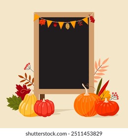 Empty restaurant outdoor menu board with festive autumn decor of pumpkins, leaves, garland. Vector illustration.