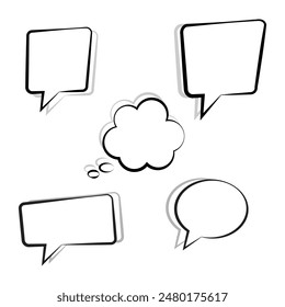 Empty retro comic bubbles and elements are set with gray shadows. The iconic cartoon chat bubble on a blank background can be edited and recolored.